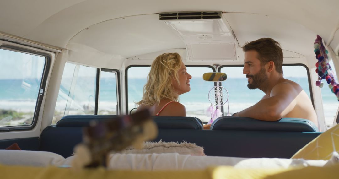 Couple in Vintage Van Enjoying Beach View Together - Free Images, Stock Photos and Pictures on Pikwizard.com