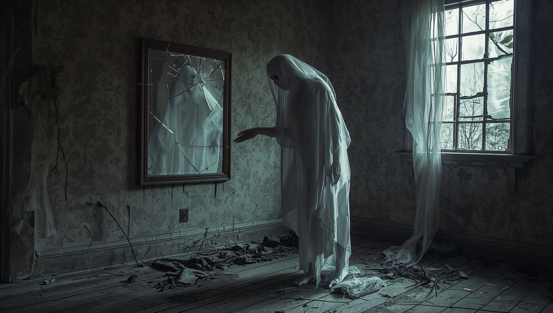 Ghostly Figure in Abandoned House Facing Shattered Mirror