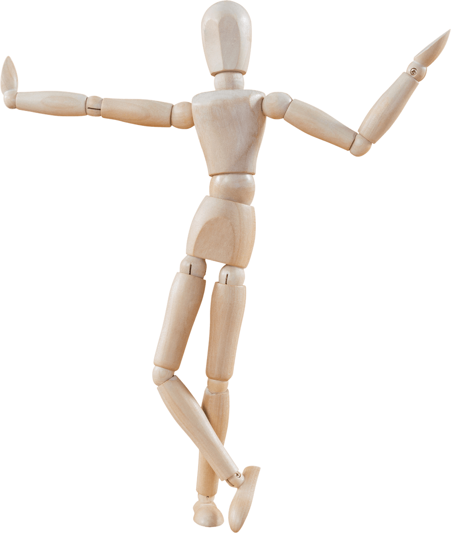 Transparent Wooden Mannequin in Joyful Pose