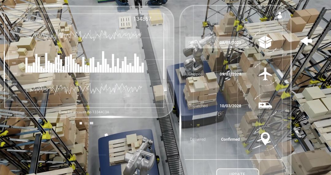 Futuristic Warehouse Technology with Digital Interfaces