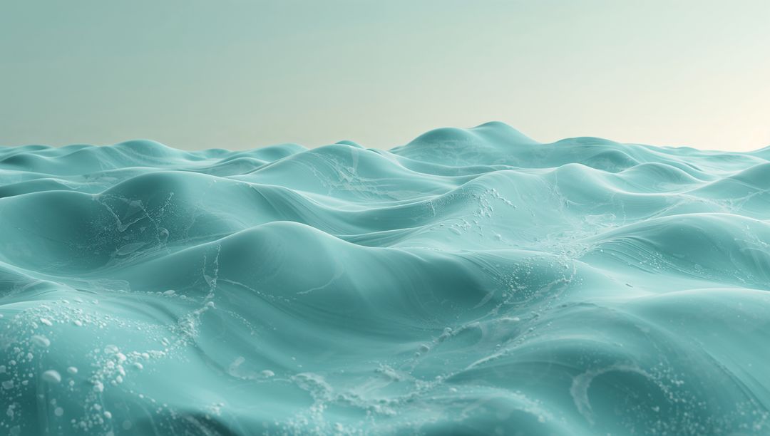 Gliding Undulating Turquoise Ocean Surface with Glossy Waves, Foam and Pastel Sky