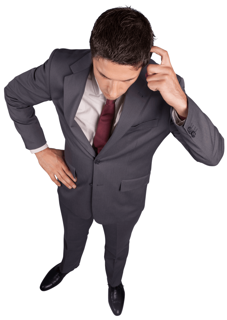 Confused Businessman on Transparent Background in Formal Suit