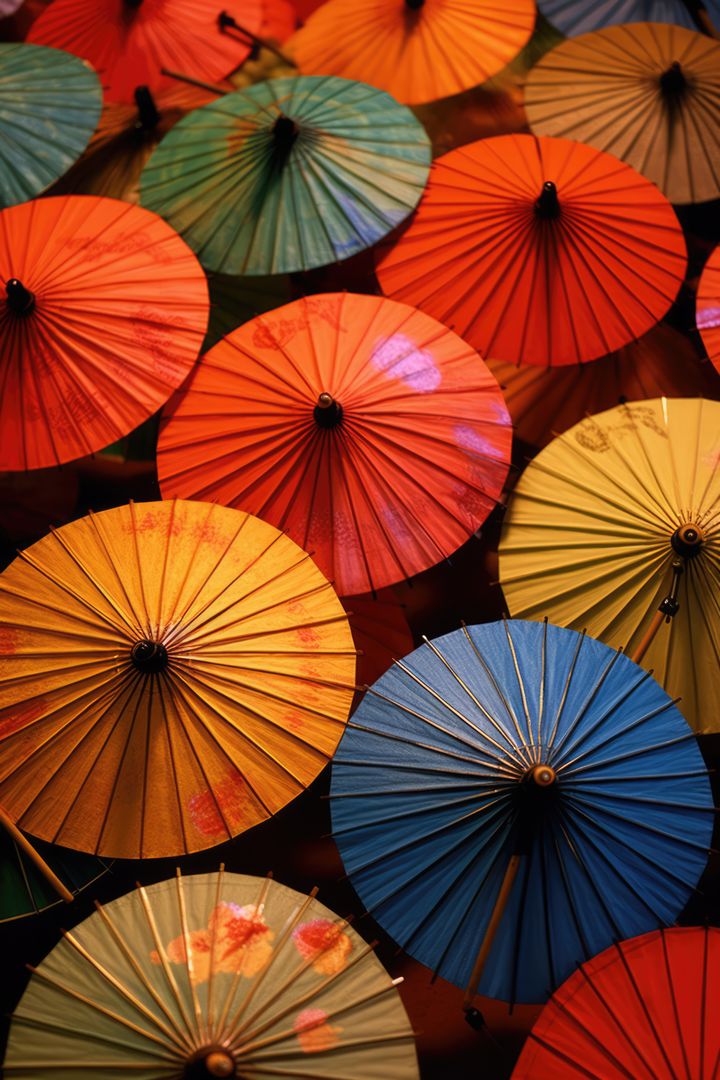 Colourful chinese umbrellas with patterns, created using generative ai technology - Free Images, Stock Photos and Pictures on Pikwizard.com