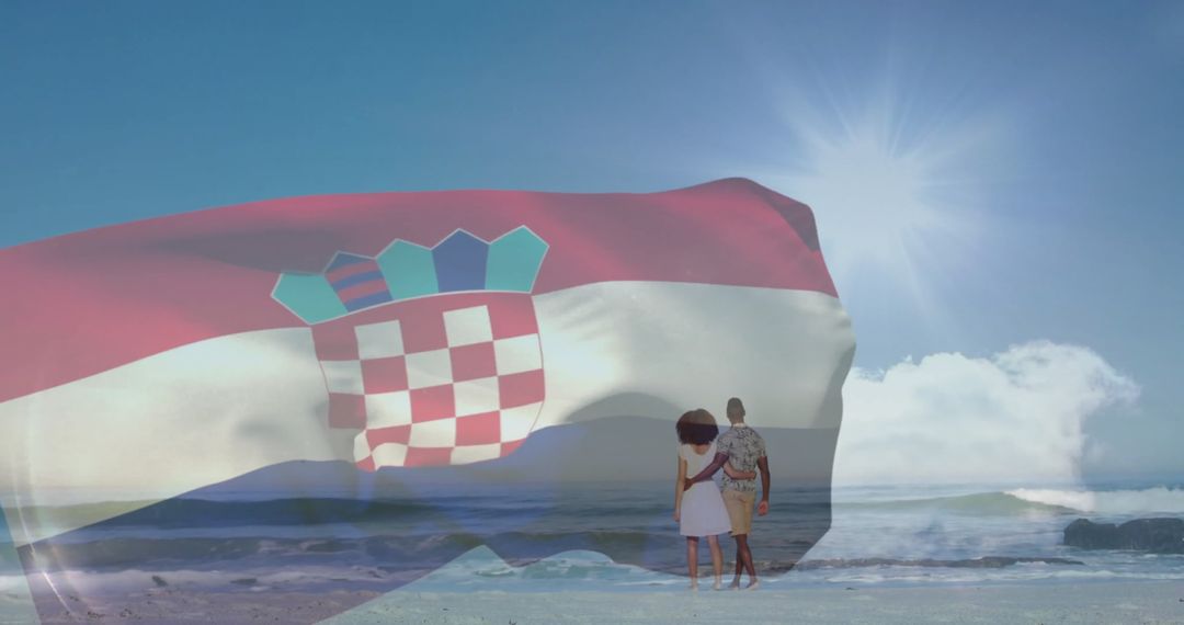 Couple Holding Hands on Beach Overlaid with Croatian Flag