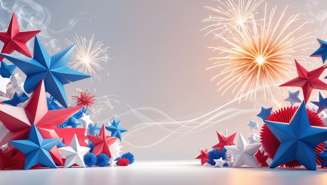 Festive Patriotic Stars and Fireworks Over Reflective Surface