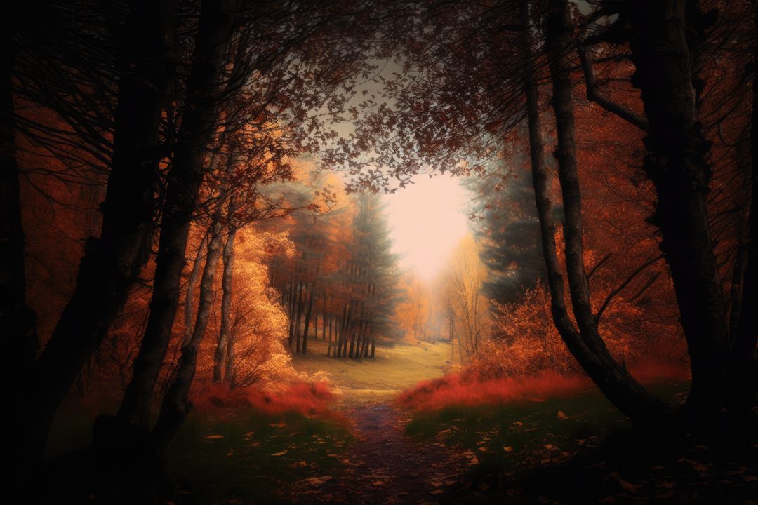 Forest scenery with trees and pathway created using generative ai technology - Free Images, Stock Photos and Pictures on Pikwizard.com