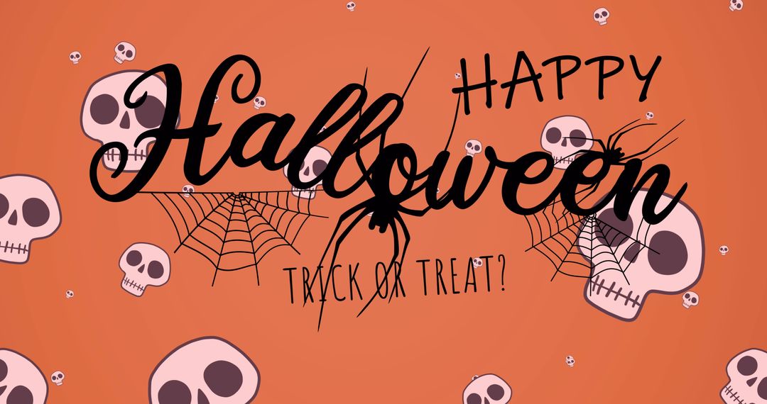 Halloween Greeting with Skulls and Spiders on Orange Background