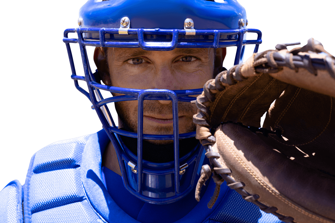 Caucasian Catcher Preparing for Game with Glove in Focus on Transparent Background