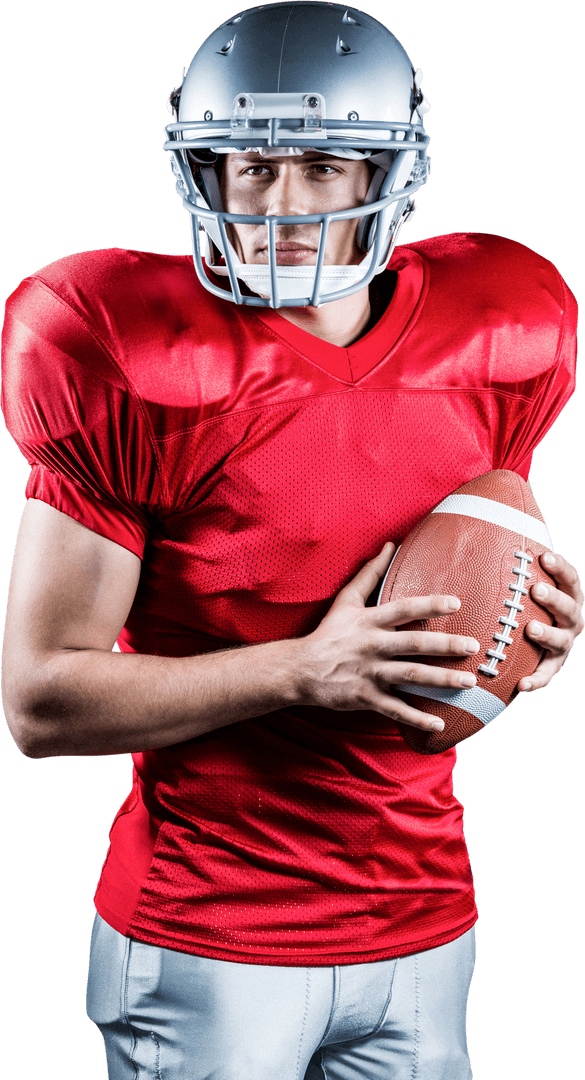 Confident Football Player in Red Jersey Holding Ball Transparent Background