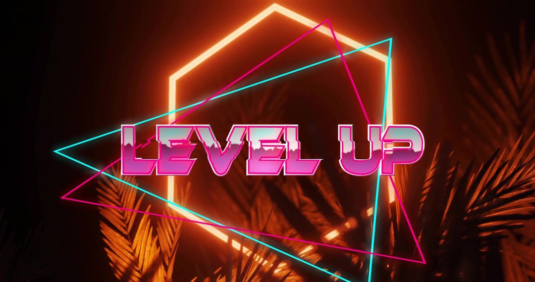 Neon LEVEL UP Sign with Geometric Frames and Palm Fronds