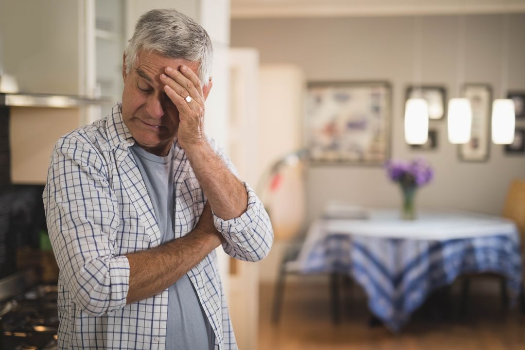 Senior Man Contemplating by Stove in Cozy Kitchen