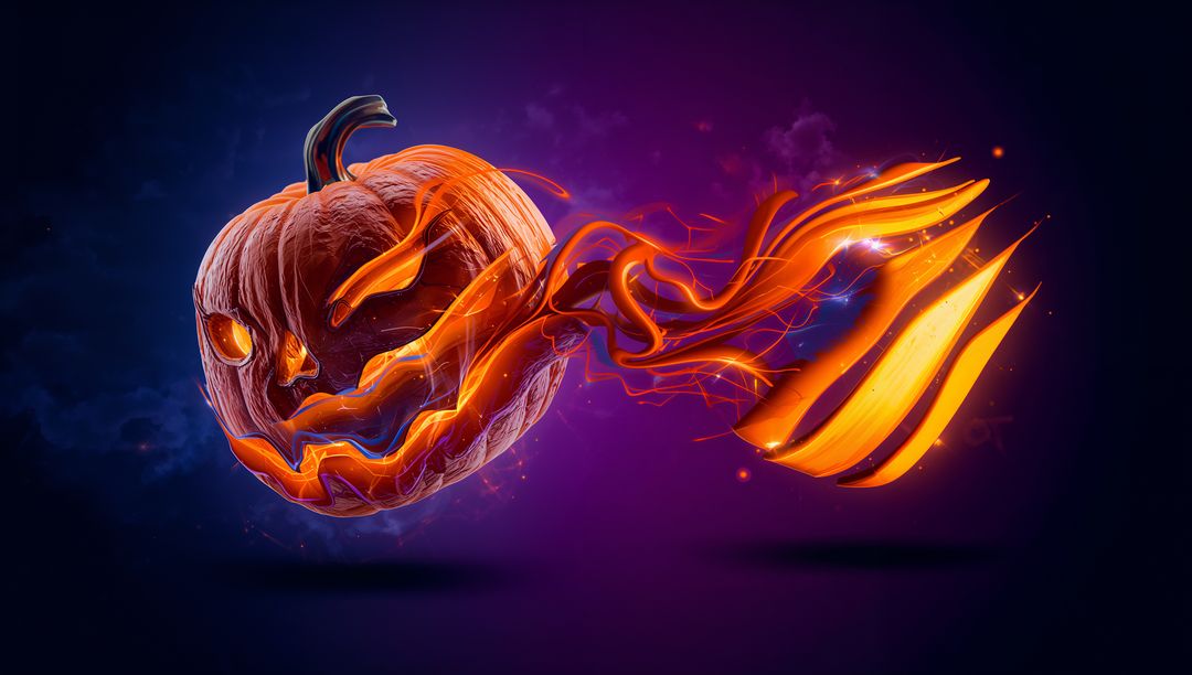 Fiery Carved Pumpkin in Glowing Nebula Fantasy Scene
