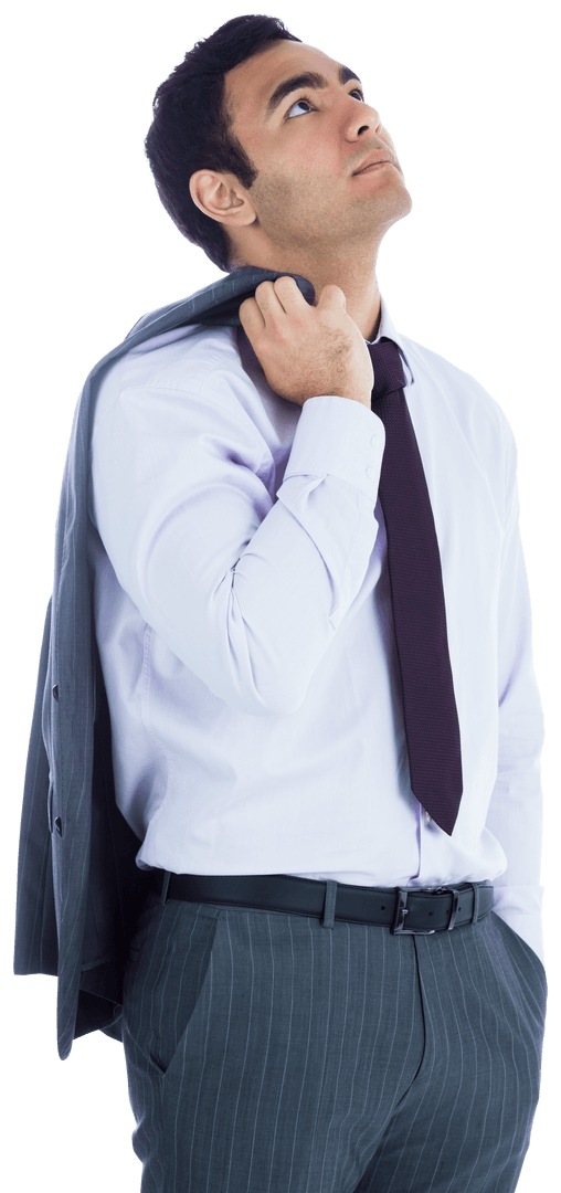 Thoughtful Businessman Holding Suit on Transparent Background
