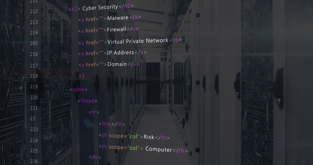 Server Aisle with Code Overlay Representing Cybersecurity and Network Infrastructure