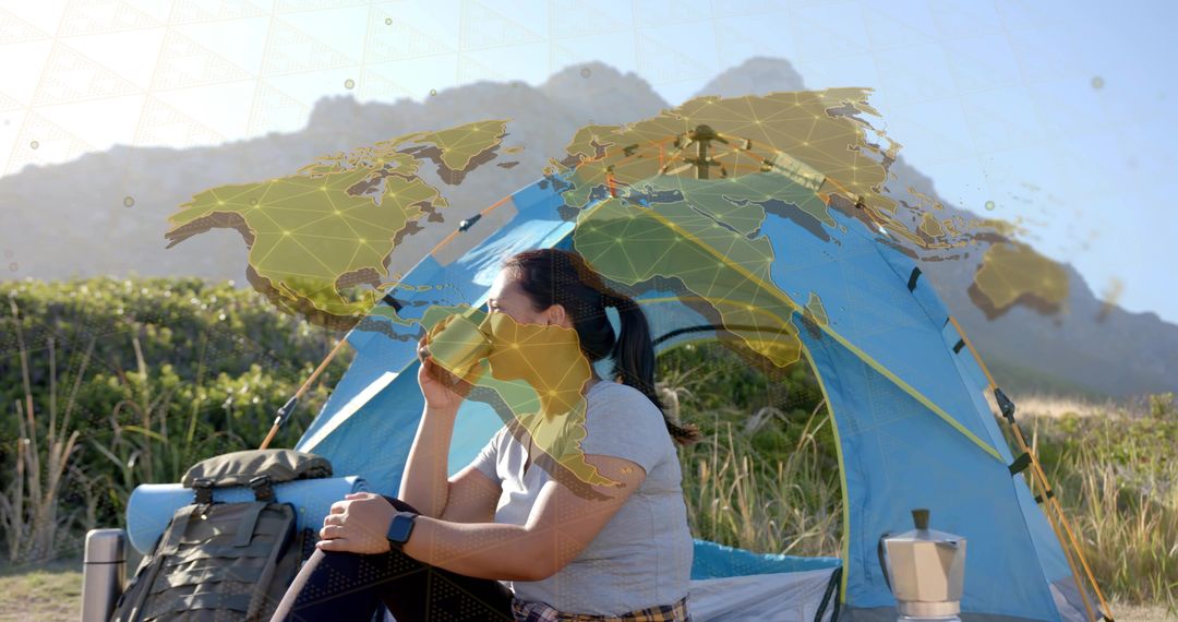 Camper Enjoying Nature at Campsite with Tent and Backpack