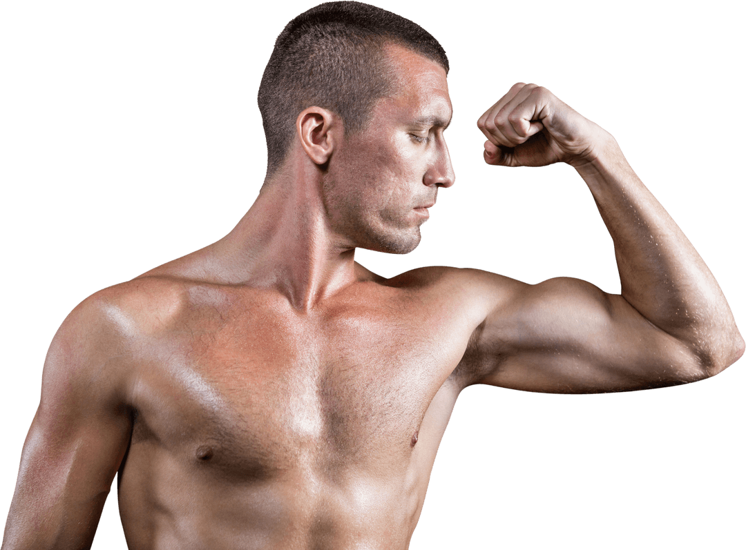 Transparent Muscular Athlete Flexing Bicep with Determined Look