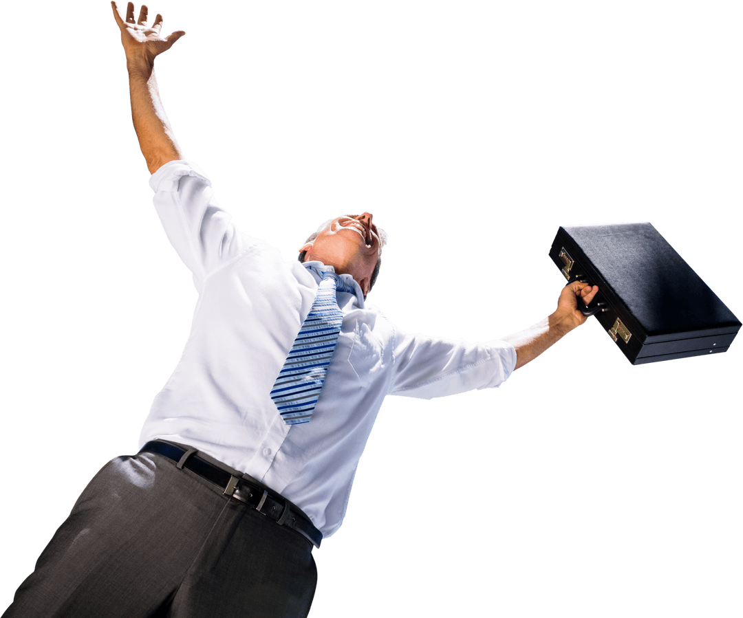 Transparent Businessman Celebrating with Raised Arms and Briefcase