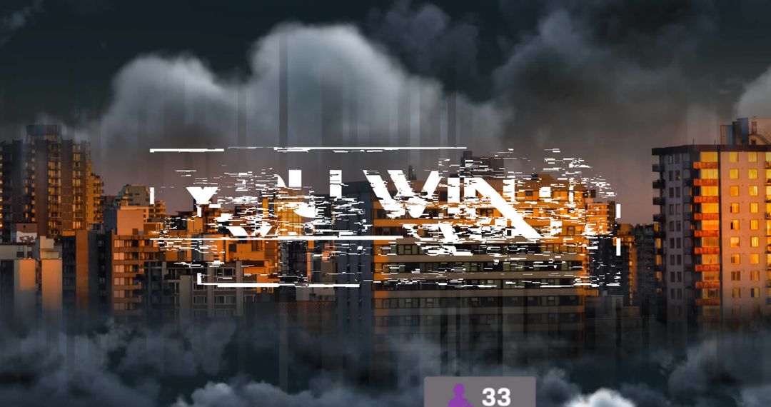 Futuristic Cityscape with Digital Glitch Text Effect