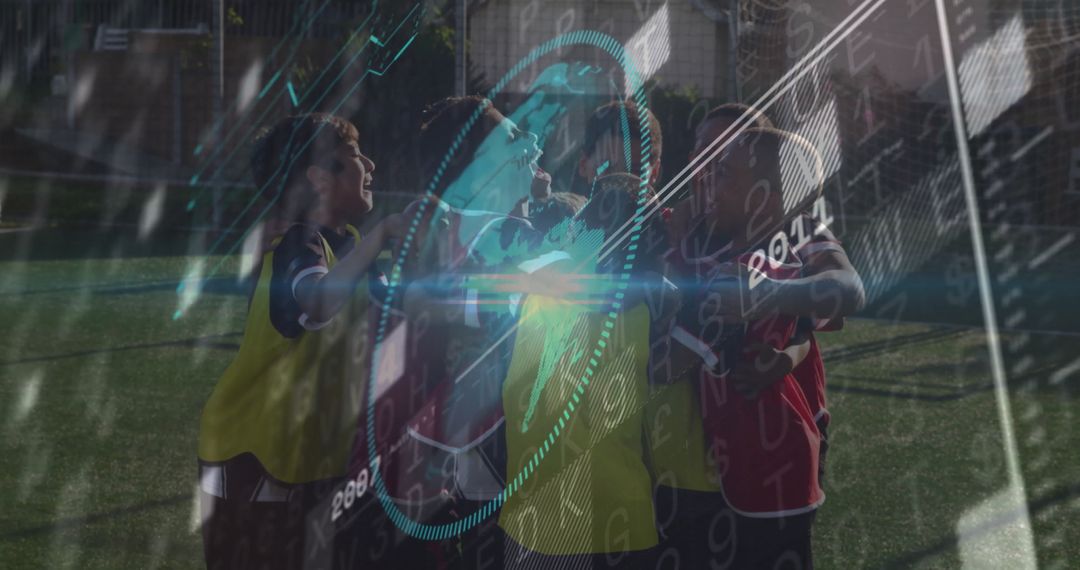 Young Athletes Huddling on Turf Field for Team Pep Talk