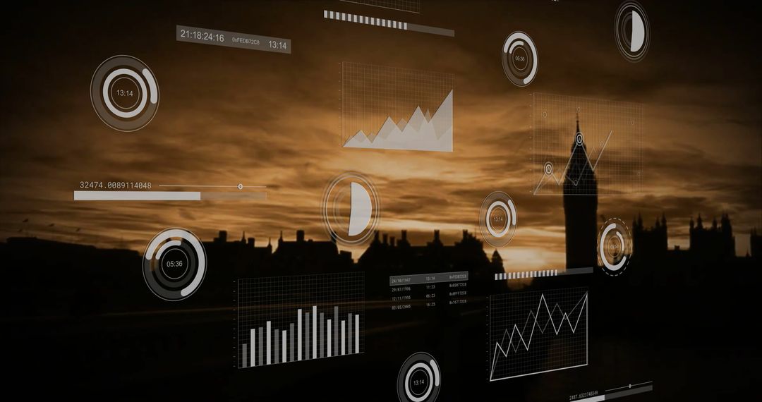 Holographic Data Overlay Illuminating City Skyline at Dusk