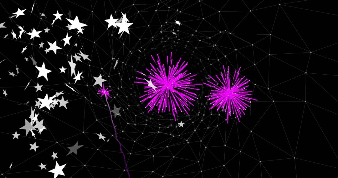 Vibrant Magenta Fireworks Over Futuristic Digital Network