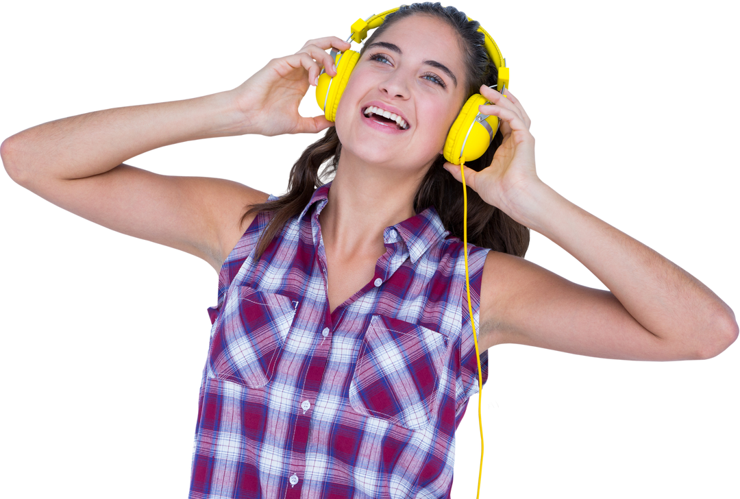 Young Woman Enjoying Music Wearing Yellow Headphones on Transparent Background - Download Free Stock Images Pikwizard.com