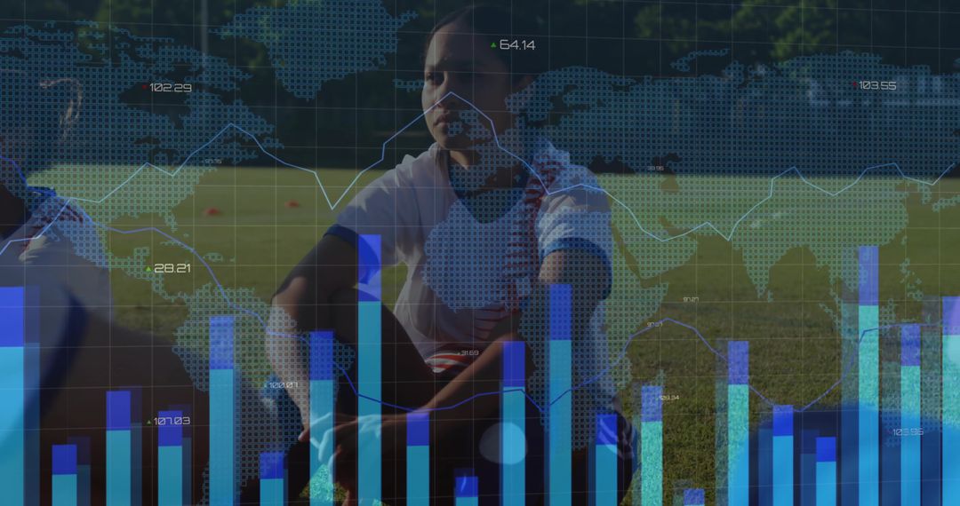 Soccer Player Lacing Cleats with Digital Data Overlay on Field