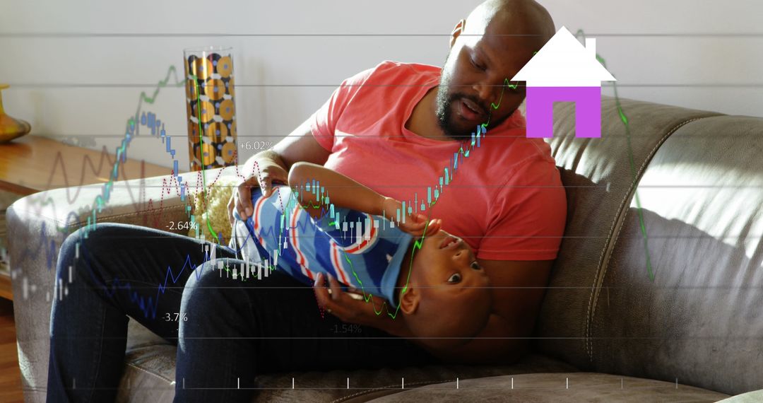 Father Enjoying Family Time Shows Finance Concept with Growth Chart Overlay