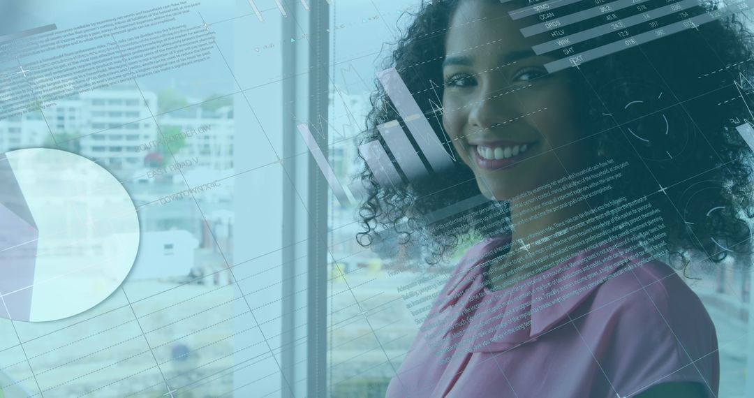 Smiling Businesswoman Engaging with Digital Data Hologram