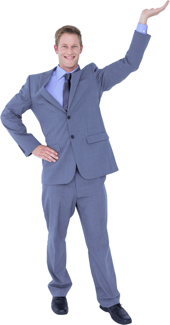 Transparent Businessman Happily Gesturing for Presentation