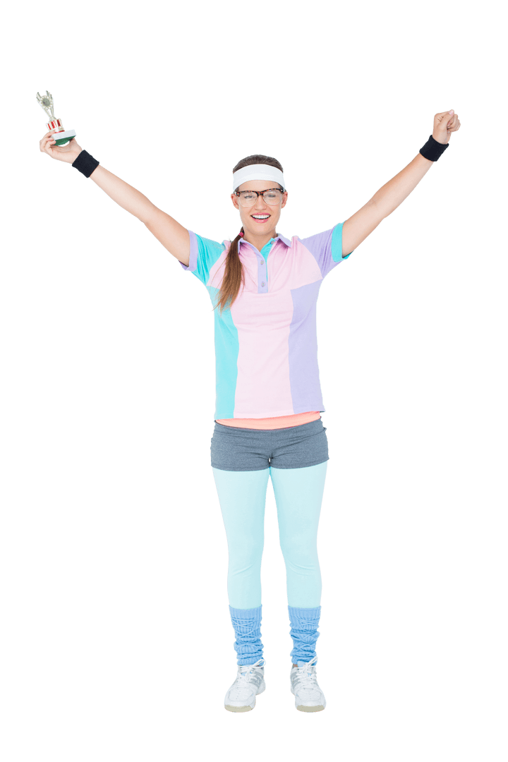 Triumphant Hipster Holding Winner's Trophy on Transparent Background