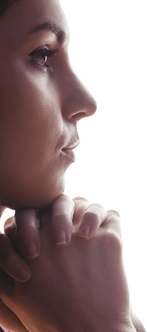 Contemplative Woman Praying with Hands Clasped on Transparent Background