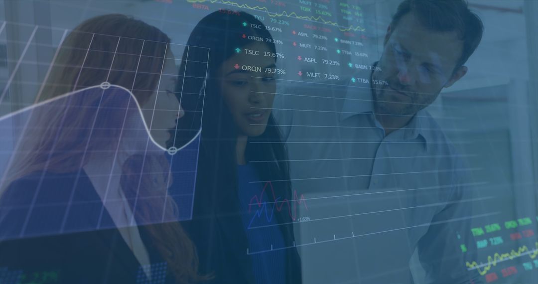 Diverse Team Analyzing Stock Market Board in Modern Office