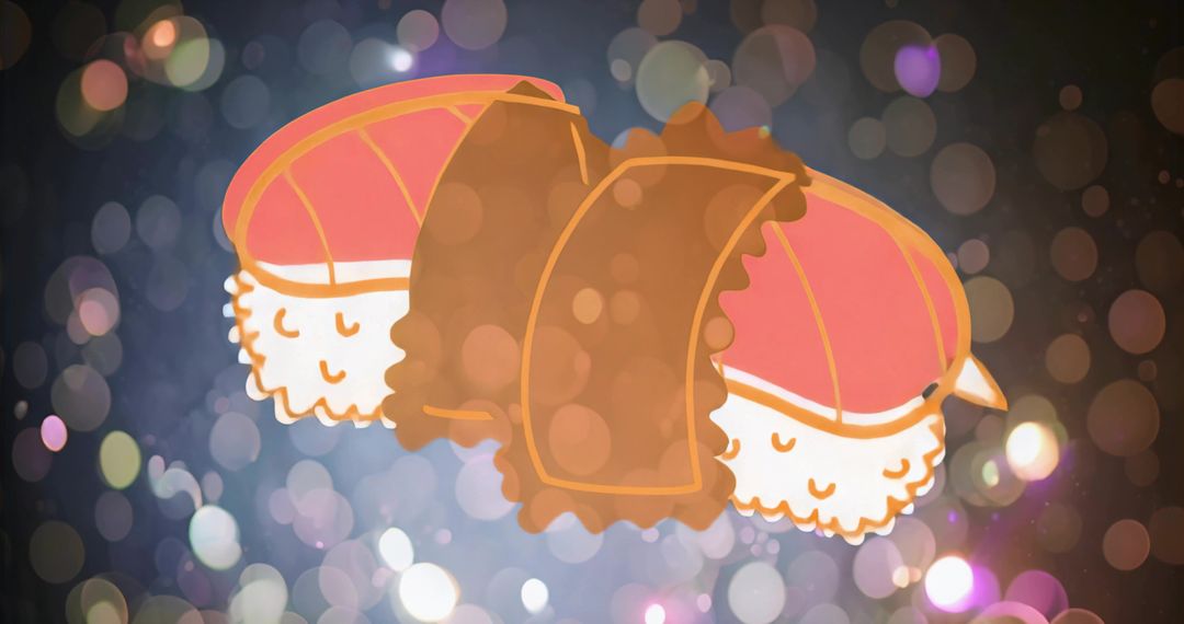 Kawaii Sushi Trio Floating over Bokeh Lights — Playful Nigiri and Gunkan Digital Art