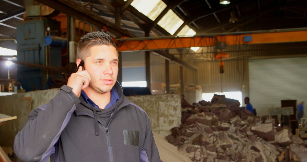 Male Engineer Discussing Project on Phone in Industrial Facility - Free Images, Stock Photos and Pictures on Pikwizard.com