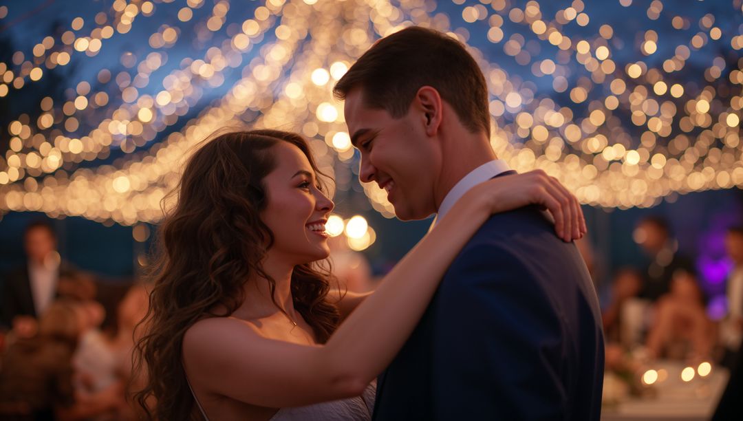 Couple Dancing Under Sparkling Lights at Elegant Wedding Reception