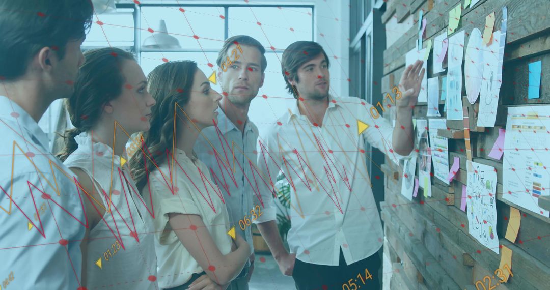 Team Collaborating with Digital Data Overlay in Modern Office