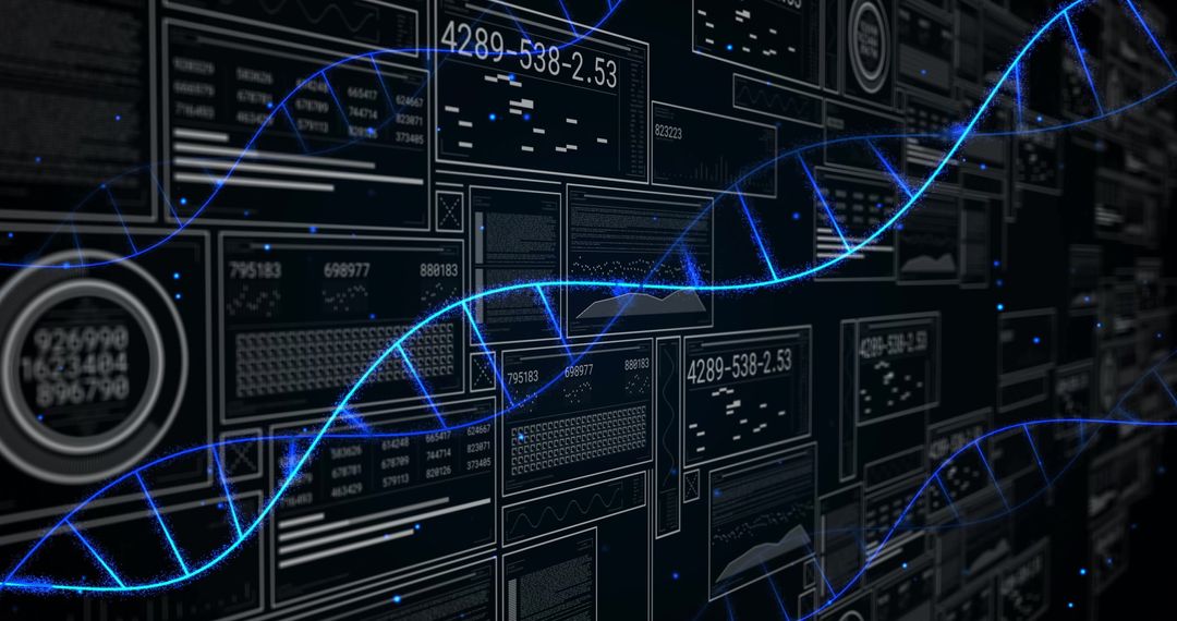 Neon Blue DNA Helix Cutting Through Futuristic Digital Interface