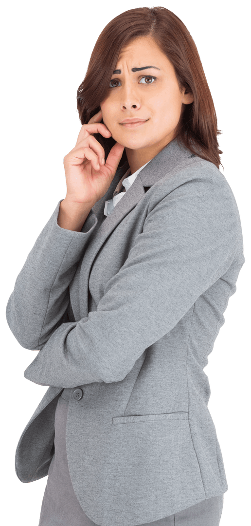 Confused Businesswoman in Gray Suit on Transparent Background