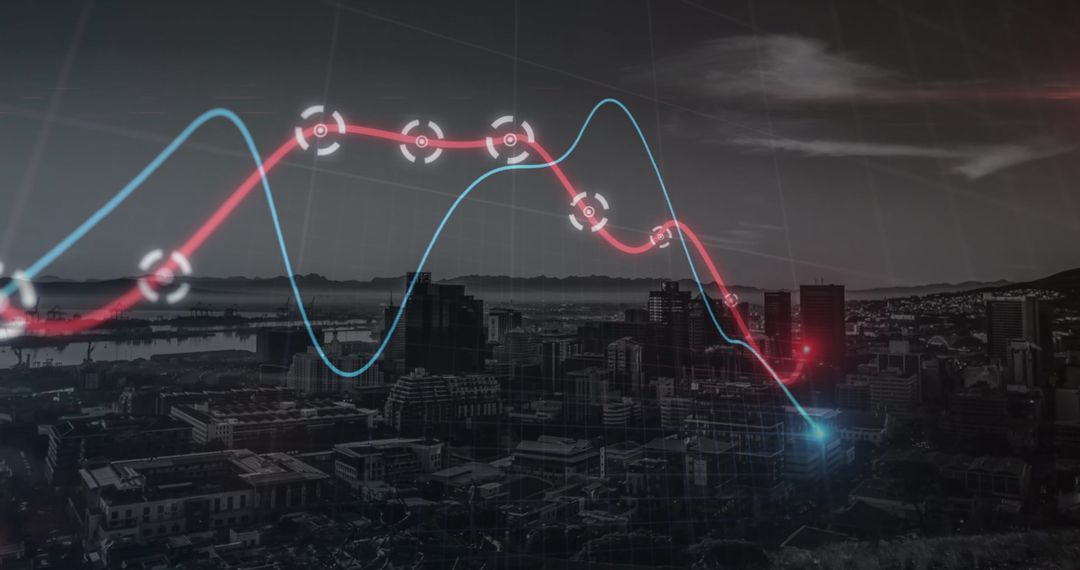 Neon Statistical Data Visualization Overlaying Cityscape