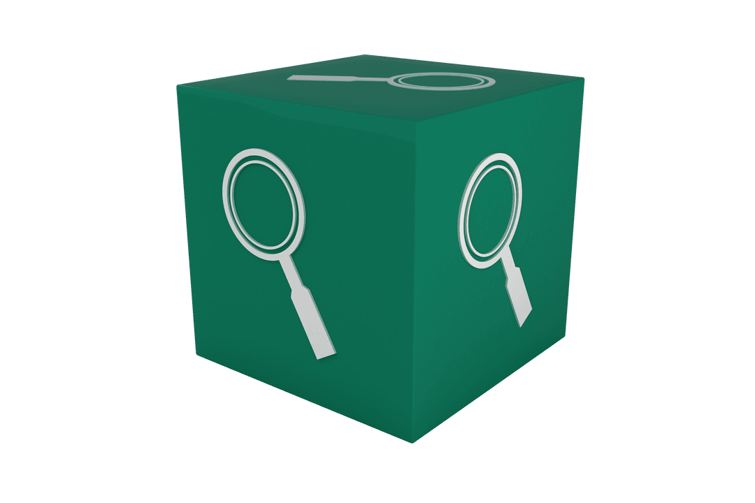 Green Cube with Magnifying Glass on Transparent Background