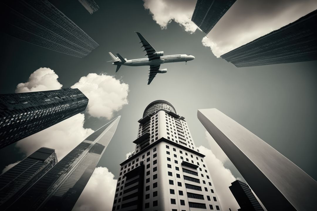 Cityscape of modern skyscrapers over airplane on sky and clouds, using generative ai technology - Free Images, Stock Photos and Pictures on Pikwizard.com