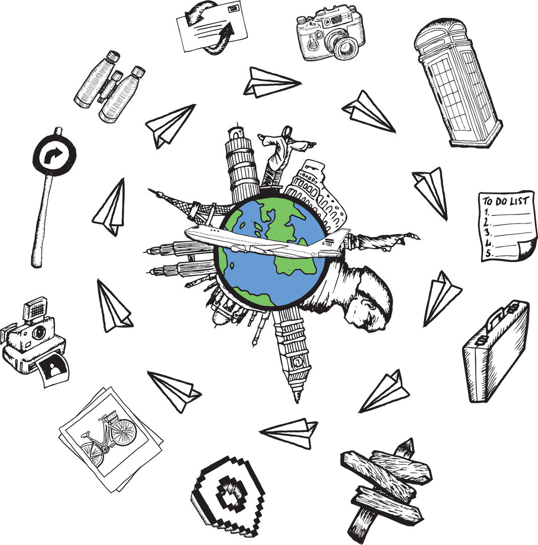 World Landmarks Travel Doodle with Transparent Background