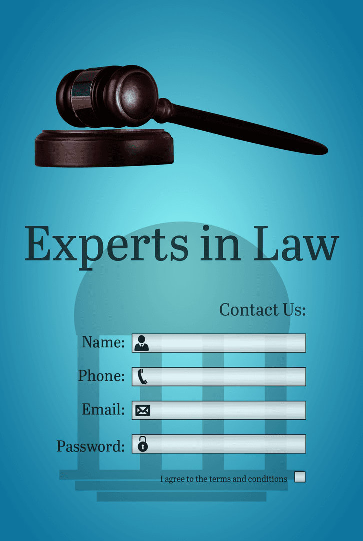 Transparent Legal Expert Contact Form with Icons and Hammer Illustration