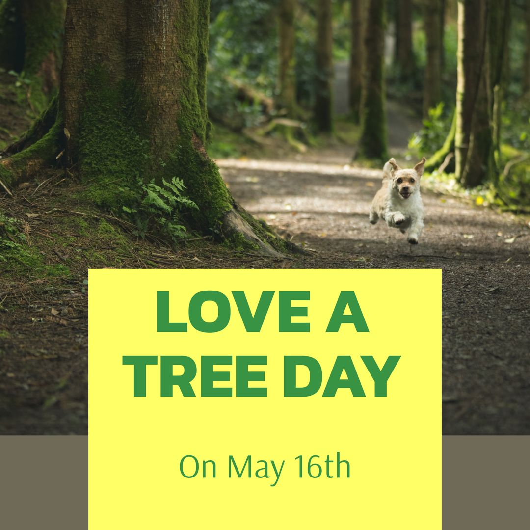 Cheerful Dog Running in Forest for Love a Tree Day Celebration