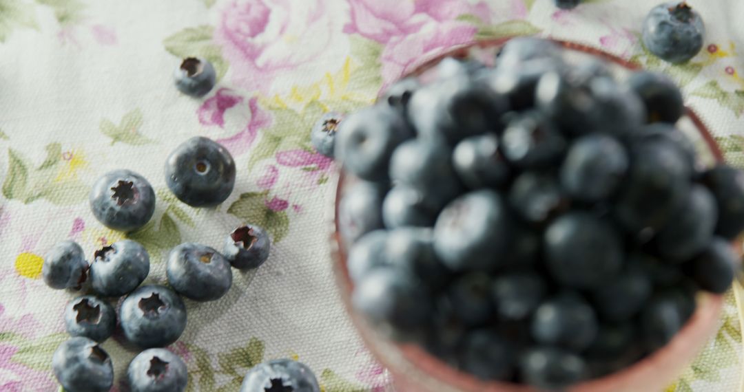 Fresh Blueberries on Floral Napkin with Soft Focus