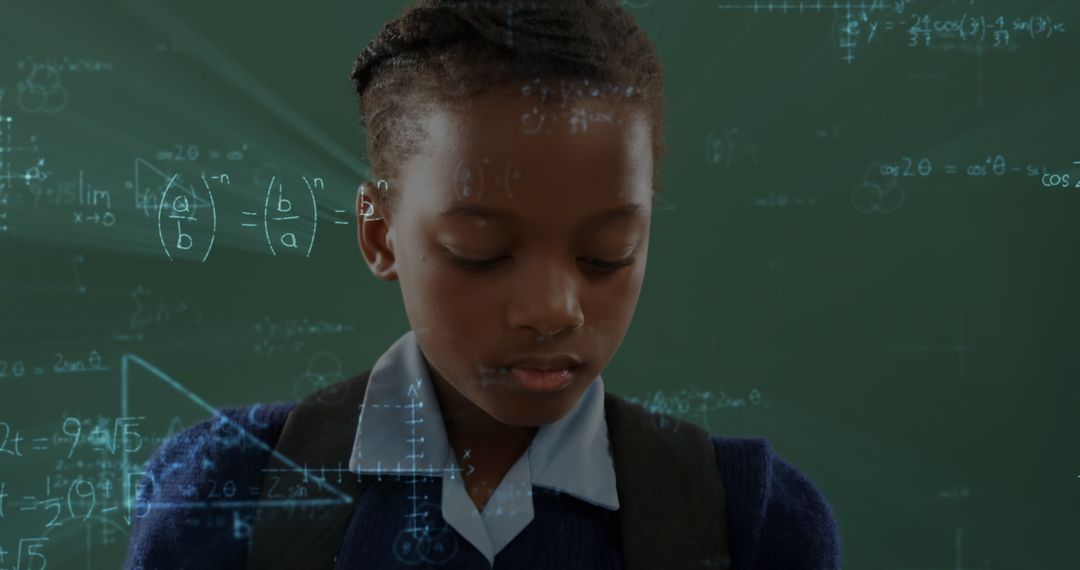 Schoolgirl Immersed in Mathematical Formulae Against Chalkboard
