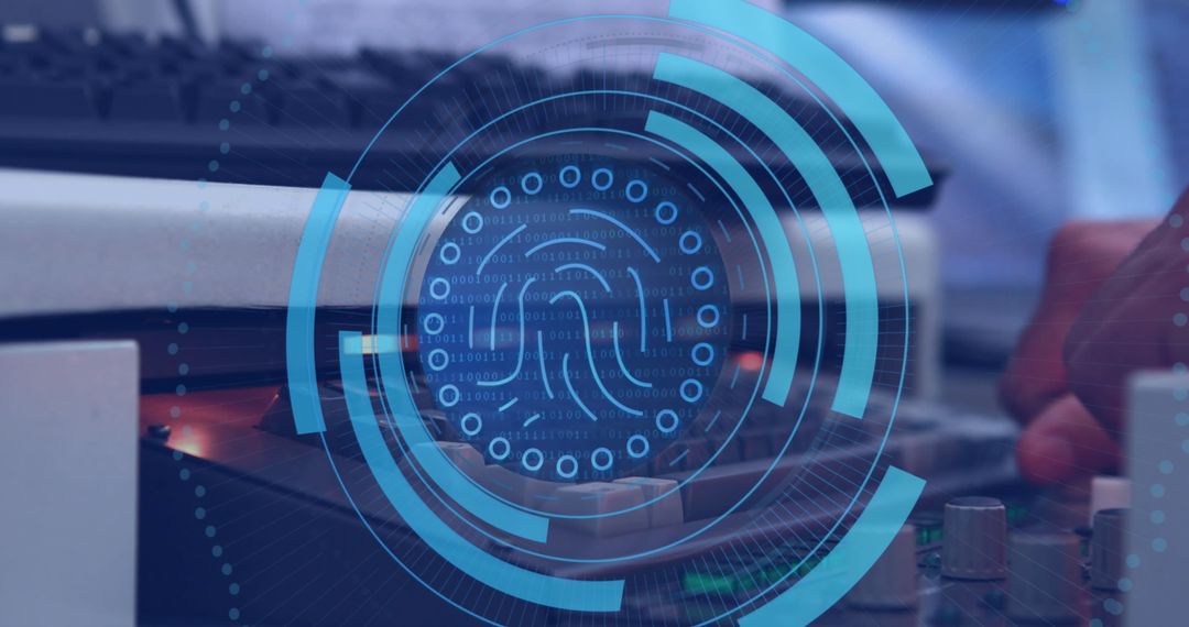 Employee Working on Cybersecurity Strategy with Digital Fingerprint Overlay