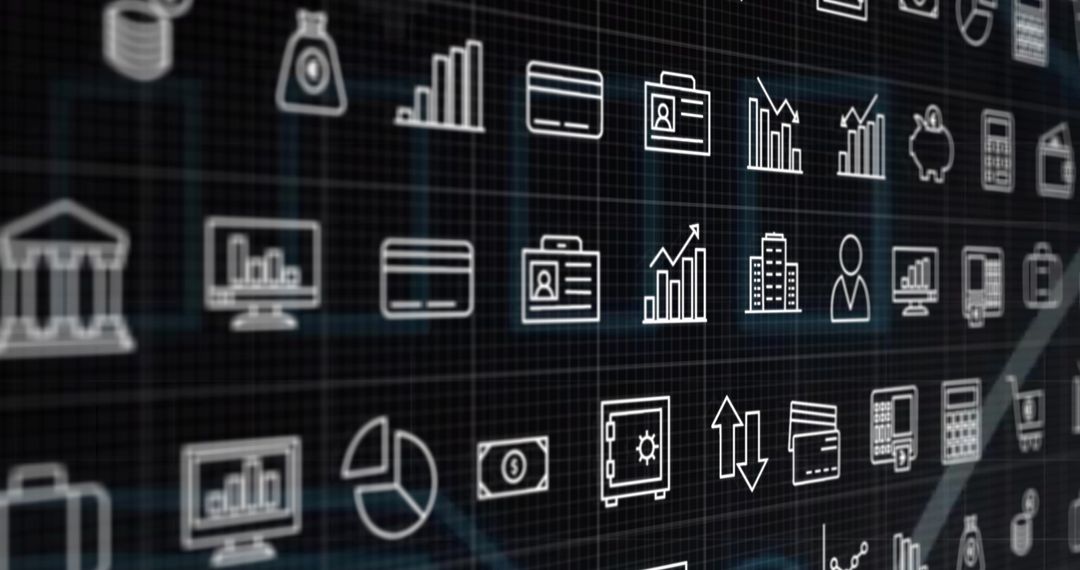 Financial Technology Icons Grid on Digital Board