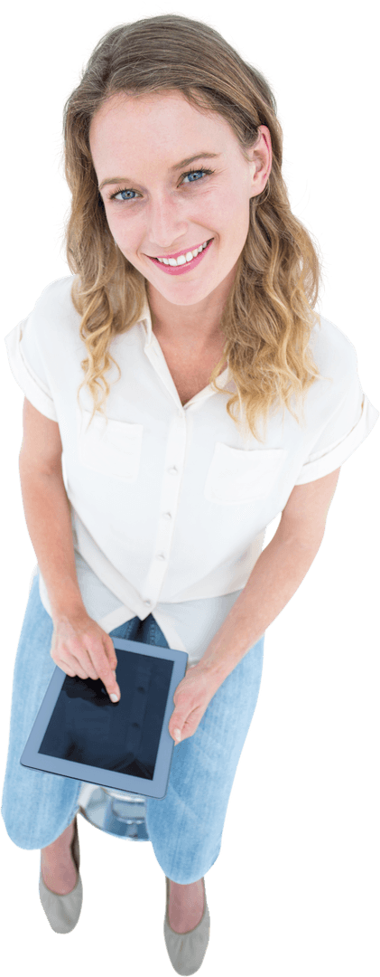 Smiling Young Woman Using Transparent Tablet Computer